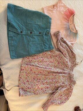 lot of 3 - Girls Teal Button-Front Skirt , Floral Pink Blouse, Pink Ruffle Neck